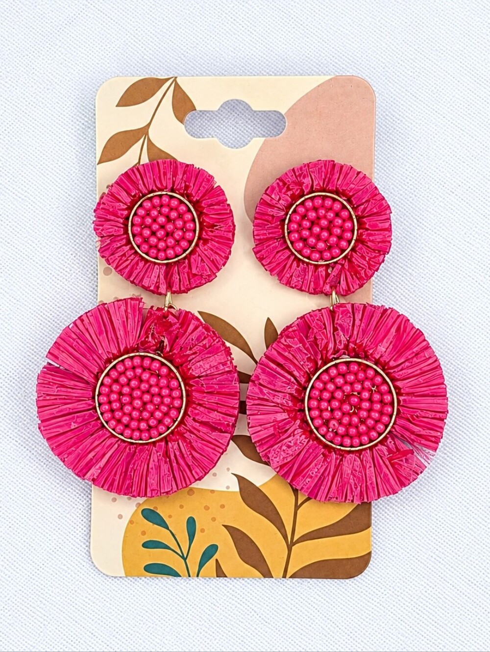 💎 Scratch & Dent Hot Pink Raffia Beaded Double Circle Statement Dangle Earrings